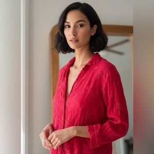 JOHNNY WAS eyelet button down embroidered hot pink women’s shirt L Bohemian